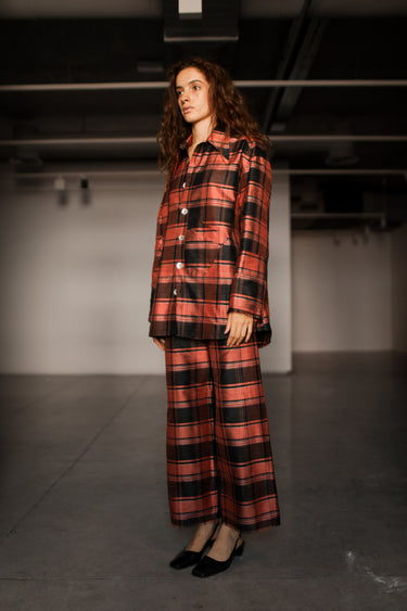 Ira Silk Shantung Pants - Salmon Plaid