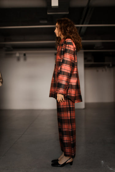 Ira Silk Shantung Pants - Salmon Plaid