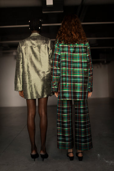 Ira Silk Shantung Pants - Dark plaid
