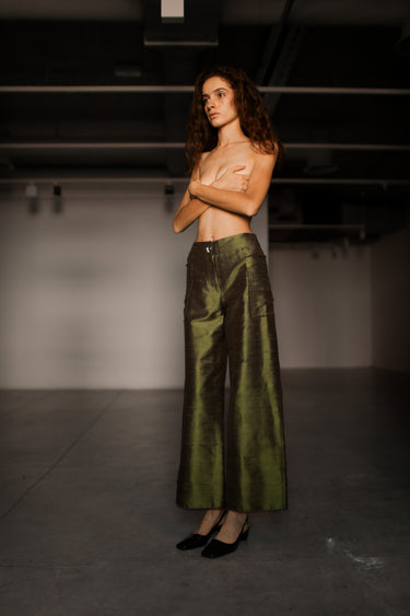 Ira Silk Shantung Pants - Olive green