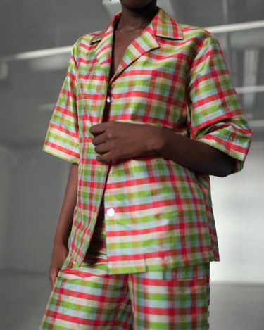 Sandra Silk Shantung Shirt - Sky Plaid