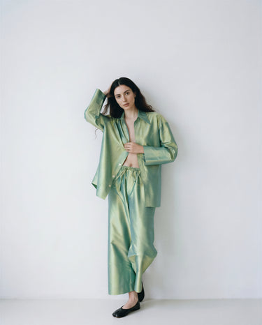 Adam Elastic-Waist Trousers in Silk Shantung - Smooth blueish green