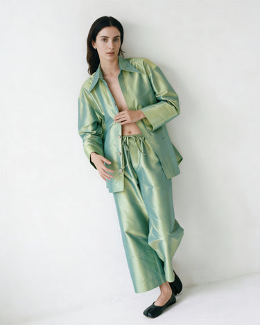 Adam Elastic-Waist Trousers in Silk Shantung - Smooth blueish green