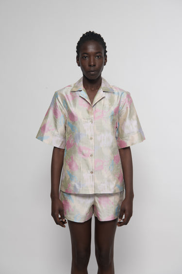 Sandra Silk Shantung Shirt - Green Ikat