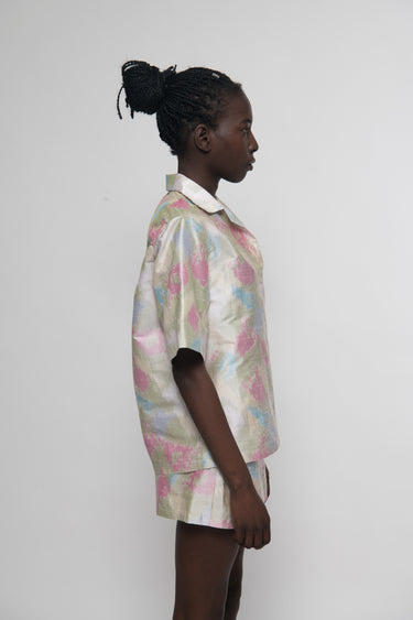 Sandra Silk Shantung Shirt - Green Ikat
