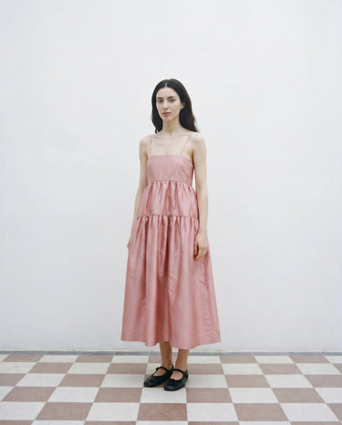 Cécile Midi Dress in Shantung Silk - Dusty Pink