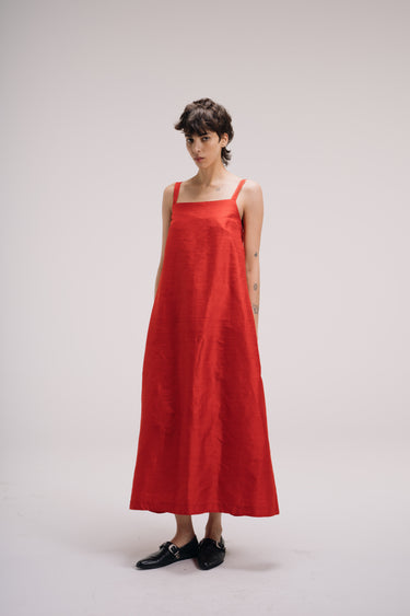 Lucie Long Shantung Silk A line Dress - Red