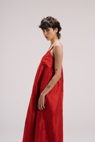 Lucie Long Shantung Silk A line Dress - Red