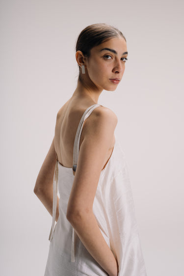 Lucie Long Shantung Silk A line Dress - Ecru