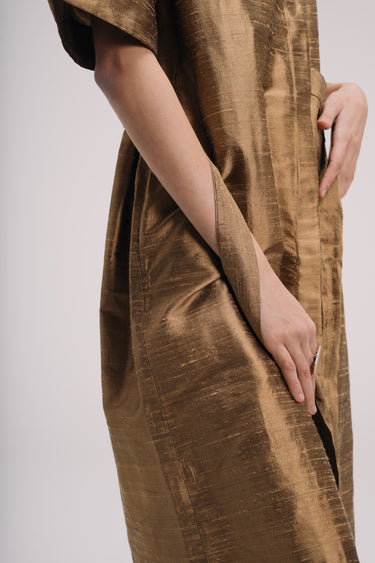 Elena Oversized Shantung Silk Shirt Dress - Bronze