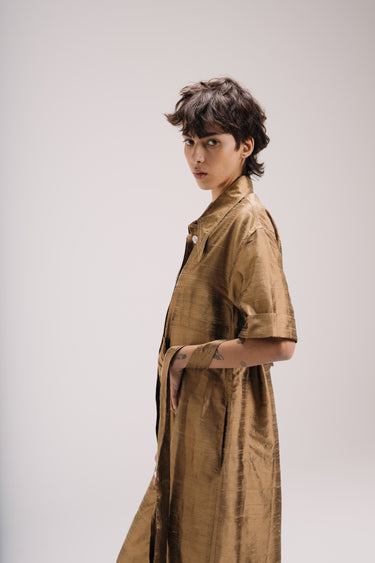 Elena Oversized Shantung Silk Shirt Dress - Bronze