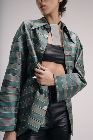 Ellie Silk Shantung Shirt - Sage stripes
