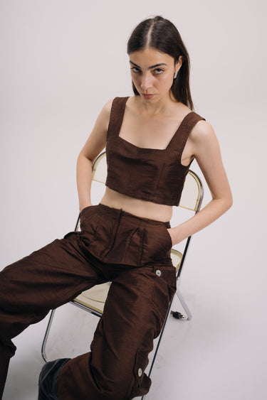 GWEN Shantung Silk Cargo Pants - Chocolate