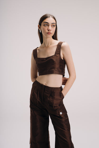 GWEN Shantung Silk Cargo Pants - Chocolate
