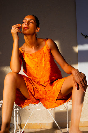 OLFA Oversized Shantung Silk Playsuit - Embroidered Orange