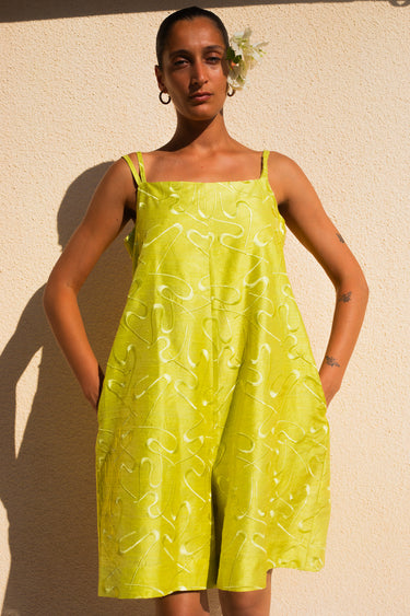OLFA Oversized Shantung Silk Playsuit - Embroidered Lemon