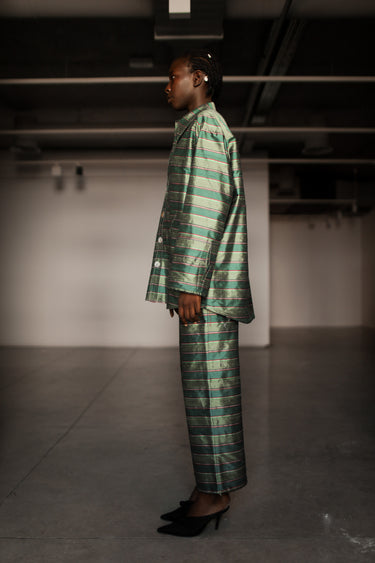 Ira Silk Shantung Pants - Sage stripes