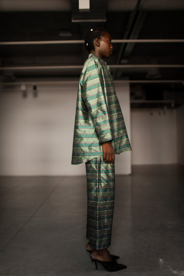 Ira Silk Shantung Pants - Sage stripes