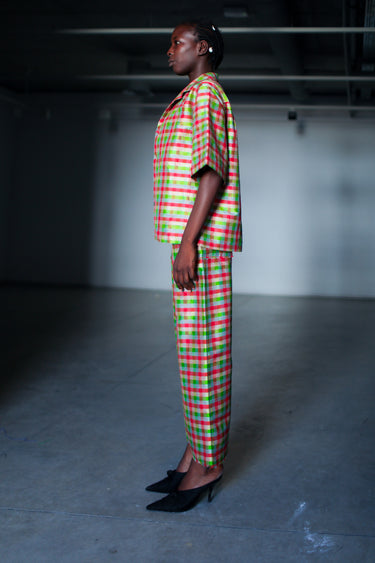 Ira Silk Shantung Pants - Sky Plaid