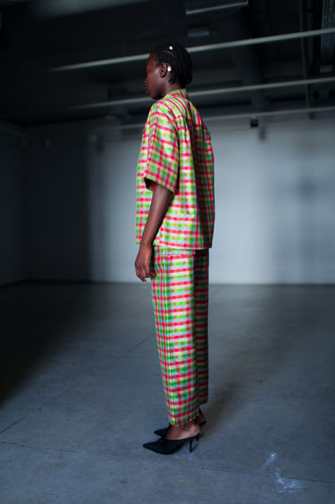 Ira Silk Shantung Pants - Sky Plaid