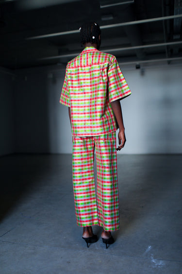 Ira Silk Shantung Pants - Sky Plaid