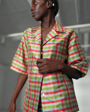 Sandra Silk Shantung Shirt - Sky Plaid