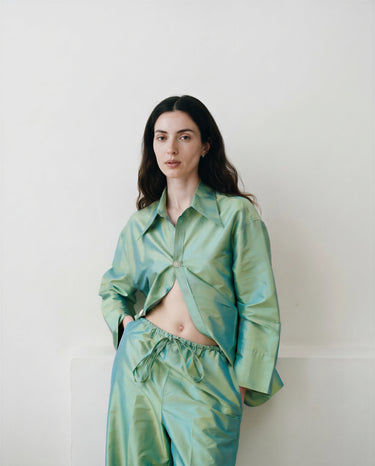 Adam Elastic-Waist Trousers in Silk Shantung - Smooth blueish green