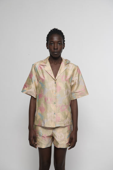 Sandra Silk Shantung Shirt - Beige Ikat