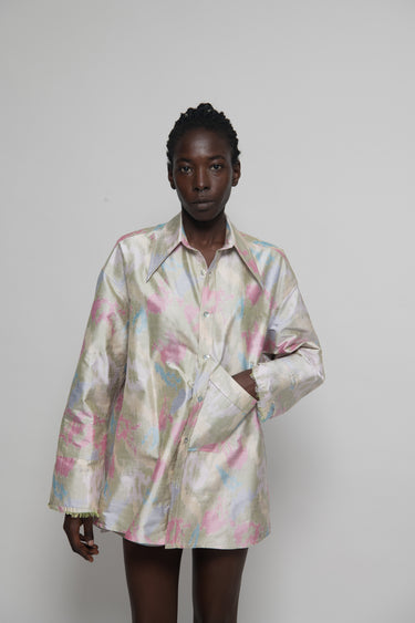 Ellie Silk Shantung Shirt - Green Ikat