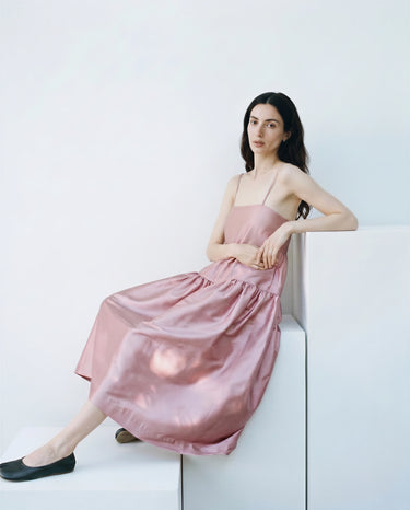 Cécile Midi Dress in Shantung Silk - Dusty Pink