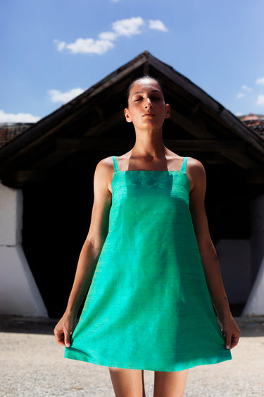 Alice Silk Shantung Mini A line Dress - Magical Turquoise