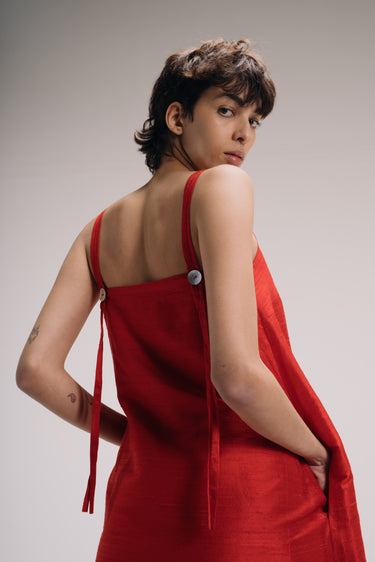Lucie Long Shantung Silk A line Dress - Red