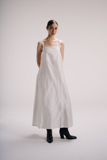 Lucie Long Shantung Silk A line Dress - Ecru
