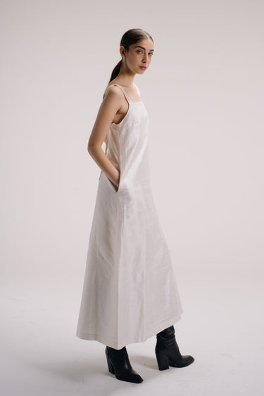 Lucie Long Shantung Silk A line Dress - Ecru