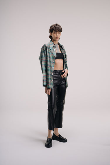 Ellie Silk Shantung Shirt - Sage stripes
