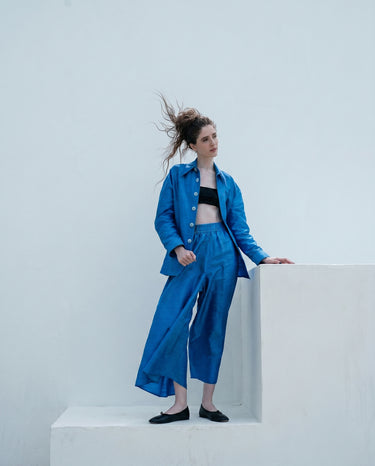 Khaleesi Wide-leg Trousers in Shantung Silk - Celtic Blue
