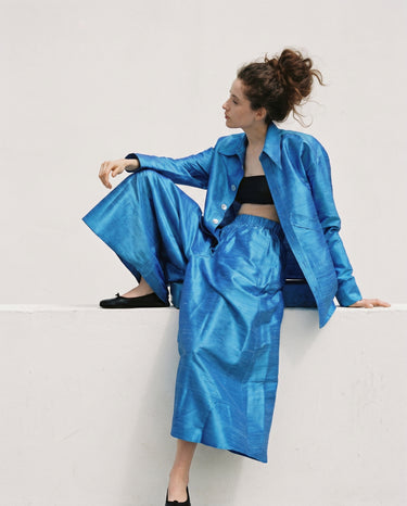 Khaleesi Wide-leg Trousers in Shantung Silk - Celtic Blue