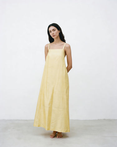 Lucie Long Shantung Silk A line Dress - Soft Yellow