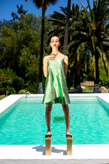 Alice Silk Shantung Mini A line Dress - Shimmer mint