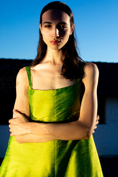 OLFA Oversized Shantung Silk Playsuit - Yellow Green