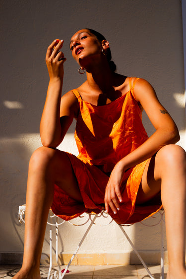 OLFA Oversized Shantung Silk Playsuit - Embroidered Orange