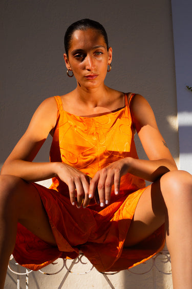 OLFA Oversized Shantung Silk Playsuit - Embroidered Orange