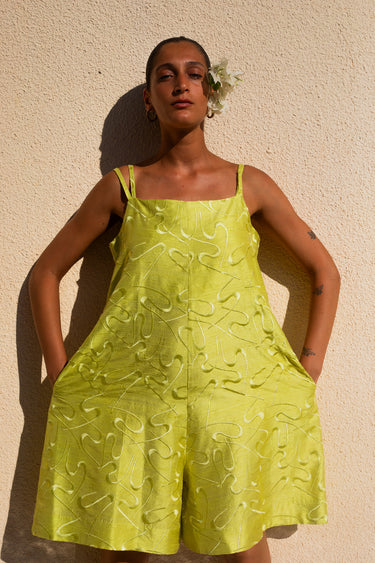 OLFA Oversized Shantung Silk Playsuit - Embroidered Lemon